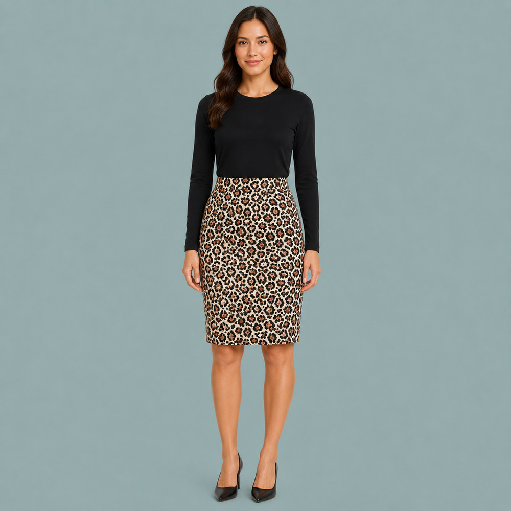 Maeve Size Medium M Beige Black Brown Leopard Print Back Zip Knit Pencil Skirt